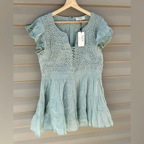 NWT SEA NEW YORK Frida mint green lined Flutter V-Neck Mini Dress M - Picture 2 of 12